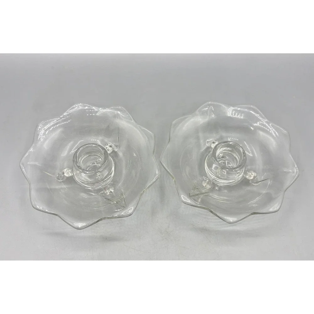 Vintage Clear Pressed Glass Scalloped Taper Candle Holders‎ Tripod Footed Pair